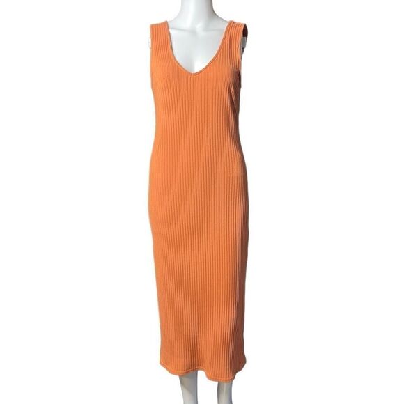 American Eagle Ribbed Bodycon V Neck Midi Dress Orange Size Medium - Picture 1 of 4